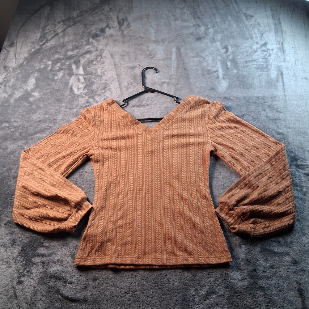 NWT Cupshe Knit Top Womens Small Brown V-Neck Balloon Sleeve Chevron Textured - Picture 7 of 8